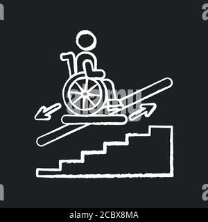 Stair lift chalk white icon on black background. Wheelchair platforms and stairlifts for disabled users. Outdoor stair lift elevator. City infrastruct Stock Vector