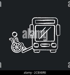 Bus ramp chalk white icon on black background. Bus wheelchair ramp. Vertical platform lift. Accessibility device. Convenient public transport. Isolate Stock Vector