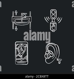Accessibility devices chalk white icons set on black background. Adjustable wash basin. City navigation app. Hearing loop. Push button. Isolated vecto Stock Vector