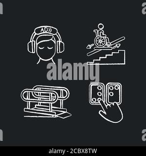 People with disabilities facilities chalk white icons set on black background. Braille code. Video description. Wheelchair platforms and stairlifts. I Stock Vector