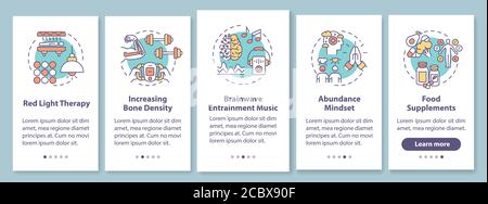 Biohacking techniques onboarding mobile app page screen with concepts. Body and mind improvement walkthrough five steps graphic instructions. UI vecto Stock Vector