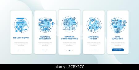 Biohacking techniques onboarding mobile app page screen with concepts. Physical and mental improvement walkthrough five steps graphic instructions. UI Stock Vector