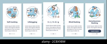 Biohacking elements onboarding mobile app page screen with concepts. DIY biology and body hacking walkthrough five steps graphic instructions. UI vect Stock Vector