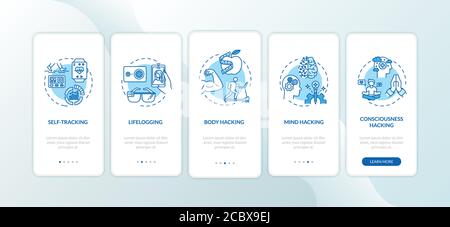 Biohacking elements onboarding mobile app page screen with concepts. DIY biology and self improvement walkthrough five steps graphic instructions. UI Stock Vector