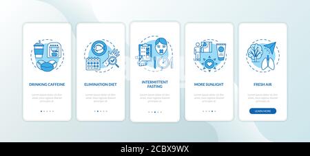 Biohacking tips onboarding mobile app page screen with concepts. Body hacking guide. DIY biology walkthrough five steps graphic instructions. UI vecto Stock Vector