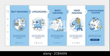 Biohacking elements onboarding vector template. Self tracking, lifelogging. Physical and mental improvement. Responsive mobile website with icons. Web Stock Vector