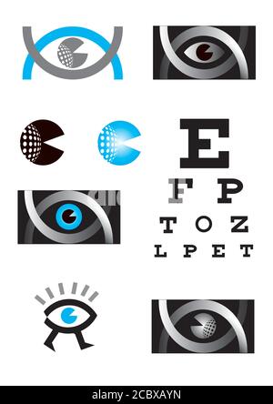 Optician, eye, icon set. Icons Set with Optician, eye test, eye care, eye diagnostic.Vector available. Stock Vector