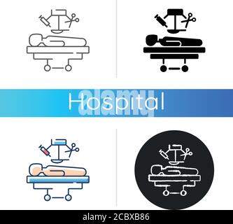 Surgery icon. Medical operation. Surgical procedures. Body injuries treatment. Surgical instruments. Medical care. Linear black and RGB color styles. Stock Vector
