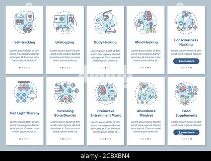DIY biology onboarding mobile app page screen with concepts set. Biohacking elements and techniques walkthrough five steps graphic instructions. UI ve Stock Vector