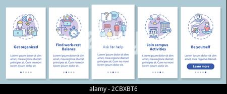 Student selfcare onboarding mobile app page screen with concepts. College life walkthrough 5 steps graphic instructions. University lifestyle UI vecto Stock Vector