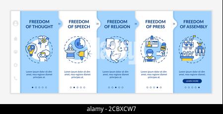 Basic human freedoms onboarding vector template. Freedom of press. Fundamental human rights. Responsive mobile website with icons. Webpage walkthrough Stock Vector