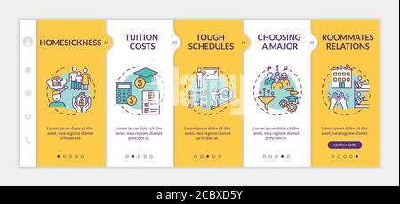 Student difficulties onboarding vector template. High school studying challenge. College life issues. Responsive mobile website with icons. Webpage wa Stock Vector