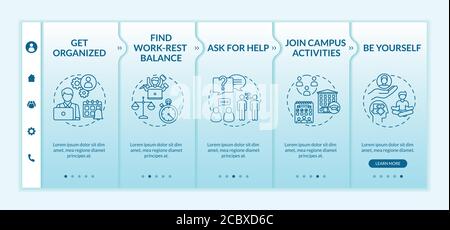 Student life onboarding vector template. Find work rest balance. Ask for help. Join campus activity. Responsive mobile website with icons. Webpage wal Stock Vector