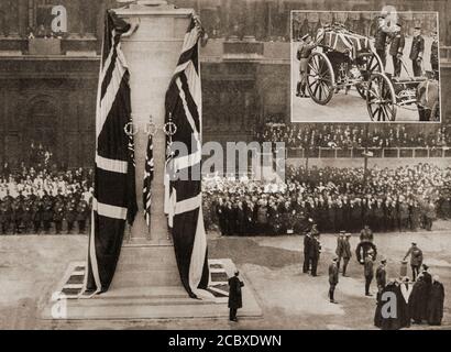 On the morning of 11 November 1920, the casket of an unidentified British soldier killed on a European battlefield during the First World War was placed onto a gun carriage of the Royal Horse Artillery and drawn by six horses through immense and silent crowds. It passed along Whitehall where the Cenotaph, a 'symbolic empty tomb', was unveiled by King George V. Stock Photo
