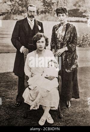 Four generations of Royals in 1923. Queen Alexandra, wife of the late King Edward VII, King George V and his daughter Mary, Princess Royal and Countess of Harewood and her baby son, George Henry Hubert Lascelles, 7th Earl of Harewood. Stock Photo