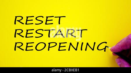 Hand writing 'reset, restart, reopening', isolated on beautiful yellow background. Concept. Stock Photo