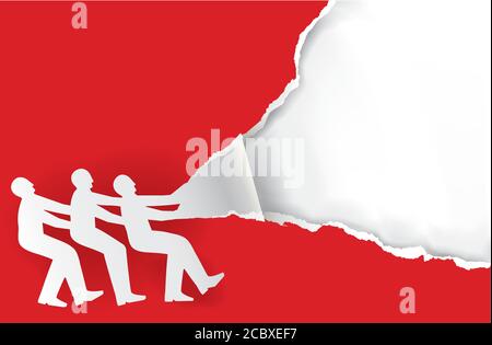 Team work torn paper background concept. Three male silhouettes ripping red paper background. Vector available. Stock Vector