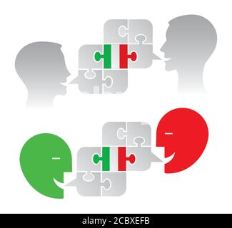Italian lesson education concept. Illustration oftwo version of two stylized male haeds with puzzle speech bubble with italian flag. Vector available. Stock Vector