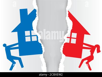 Division of property at divorce. A divorced couple ripping paper with the symbol of the house. Vector available. Stock Vector