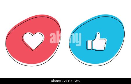 Emoji trumb up and like reactions. Hand and heard icon for social media in flat style. Emoticon good reaction in message and chat. Vector like round Stock Vector