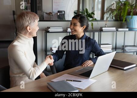 Happy two young mixed race business women shaking hands. Stock Photo