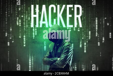 Faceless hacker with HACKER inscription, hacking concept Stock Photo