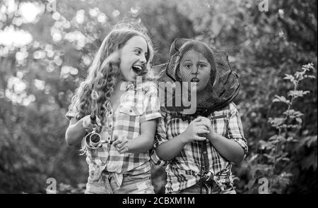 Having fun. Fly fishing. Kids spend time together fishing. Fishing skills.  Adorable girls nature background. Teamwork. Summer hobby. Happy smiling  children with net and rod. Happy childhood Stock Photo - Alamy