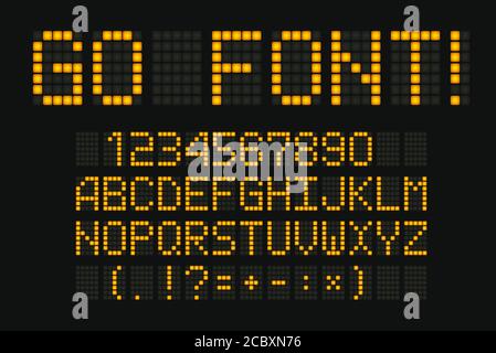 Digital font for led board, scoreboard, clock board. Yellow typeset for electronic display. Infoboard letters, signs and numbers collection on black Stock Vector
