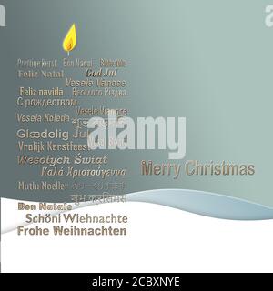 Words Merry Christmas in Different European, Eastern European, Hindi, Bengali, Indian, Japanese Languages forming candle on pastel green background. 3D illustration Stock Photo