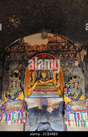 Green Tara-female bodhisattva or Buddha with attendants Marici-Ekajata-Thirtythree Heaven Grottoes-MatiSi-Gansu-China-1003 Stock Photo