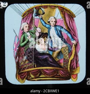 A magic lantern slide entitled “Lunardi & Mrs. Sage”, depicting Mrs Letitia Ann Sage, the first British woman to fly, making her ascent on 29 June 1785 in Vincenzo Lunardi’s balloon from St George's Fields in London. From “The Conquest of the Air” series published by W. Butcher & Sons, London around 1910. Stock Photo