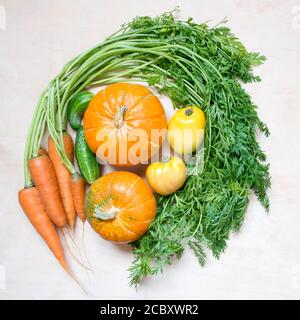 Top view fresh organic vegetables on wooden background. flat lay Stock Photo