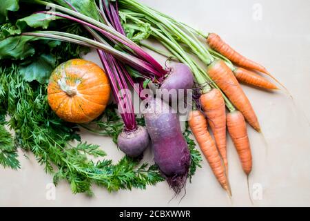 Top view fresh organic vegetables on wooden background. flat lay Stock Photo