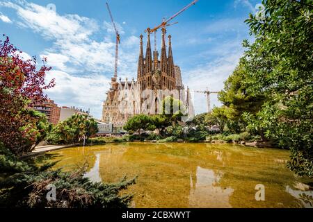 Barcelona, Spain - August 21, 2017: Architectural landmark Sagrada Familia Basilica, a large Roman Catholic church designed by Antoni Gaudi in Barcelo Stock Photo