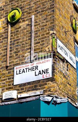 Street sign for Leather Lane, London, UK Stock Photo