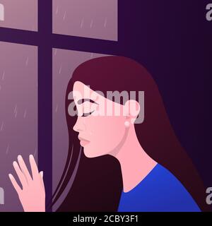 Crying Sad Young Girl or Woman with closed Eyes Closeup. Depression, Stress Concept. Vector Portrait in Flat Cartoon Style, Illustration Stock Vector