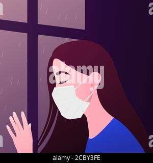 Crying Sad Young Girl or Woman Closeup in the Respiratory Medical Protect Mask. Depression, Stress, Quarantine, Coronavirus, COVID-2019 Concept Stock Vector