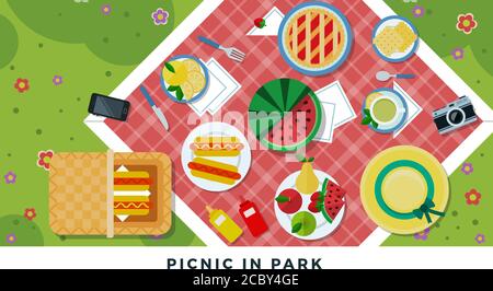 Summer picnic in park basket card background. Composed of Cupcakes, Fruits, and Sandwiches vector flat set illustration Stock Vector