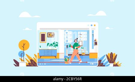 blogger using spray and duster recording online video blog live streaming blogging concept girl cleaning room web browser window horizontal full length vector illustration Stock Vector