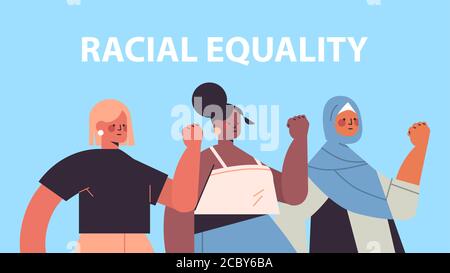 mix race women with different skin color showing fists in protest racial equality feminism tolerance art concept portrait horizontal vector illustration Stock Vector