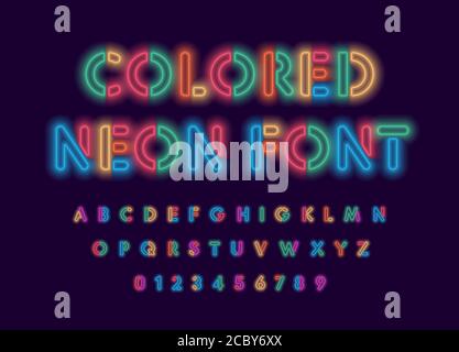 Colored neon font, colorful outlines letter and numbers set with neon colored glow on black background. Fluorescent shine Typeset for entertaiment Stock Vector