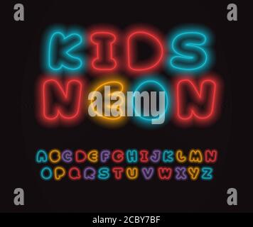 Colored neon font, colorful outlines letter and numbers set with neon colored glow on black background. Fluorescent shine Typeset for entertaiment Stock Vector