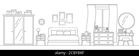 Cozy bedroom with furniture line art interior scene isolated on white background. Stock Vector