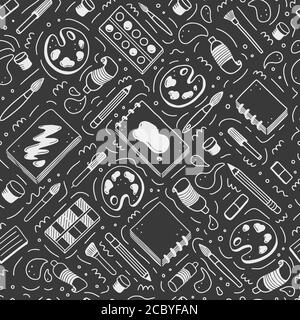 Hand drawn seamless pattern of creative elements, brush, pencil, paints, sketchbook. Doodle sketch style. Artist element drawn by digital pen. Vector illustration for banner, fabric, textile design. Stock Vector