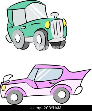 Cartoon green and pink retro cars vector illustration Stock Vector