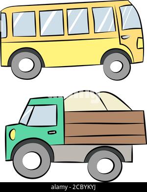 Cartoon yellow bus and green truck vector illustration Stock Vector