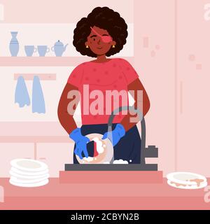 Disabled blind woman with bandage washes dishes Stock Vector