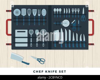 Meat cutting knives set of butcher meat knives for butcher shop big choice. Vector flat set illustration Stock Vector