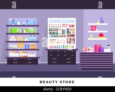 Cosmetics store interior with make up objects, shopping, beauty shop, cosmetic products, health and beauty with products on shelves. Vector flat set Stock Vector