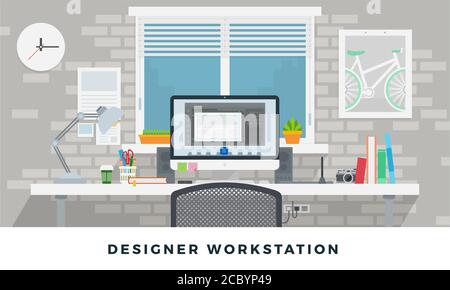 Workplace Office illustration. Vector table in empty office room. Designer working place creative concept. Flat set illustration Stock Vector